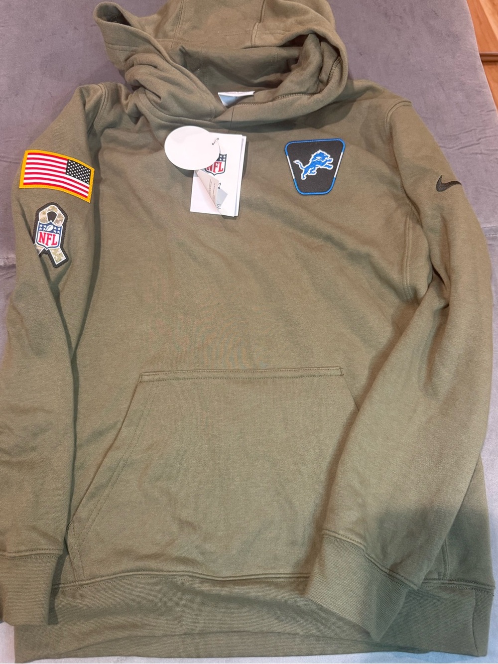 Nike Olive Green Detroit Lions Hooded Sweatshirt with Patches